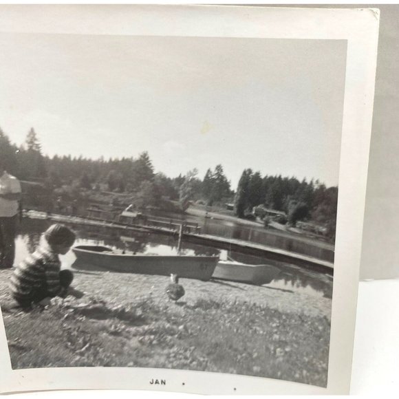 Found Photo Boy Feeding Ducks at the Lake Dad Row Boat Vintage 1940s - Picture 5 of 5